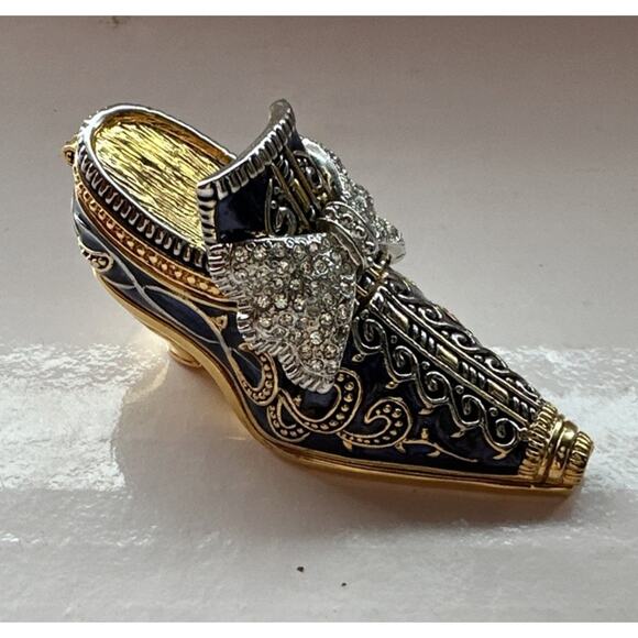 Enameled Set 2 Crystal Bejeweled Cloisonné High Heel Hinged Red Blue Trinket Box - Picture 3 of 14